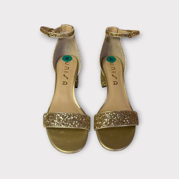 Unisa Women's Gold Glitter Block Heel Sandals Size 8M | Ankle Strap - Picture 1 of 5
